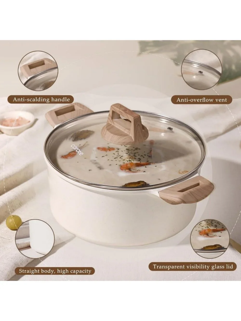 6 Qt Nonstick Stock Pot with Lid - Easy Clean Casserole, PFOA Free, White